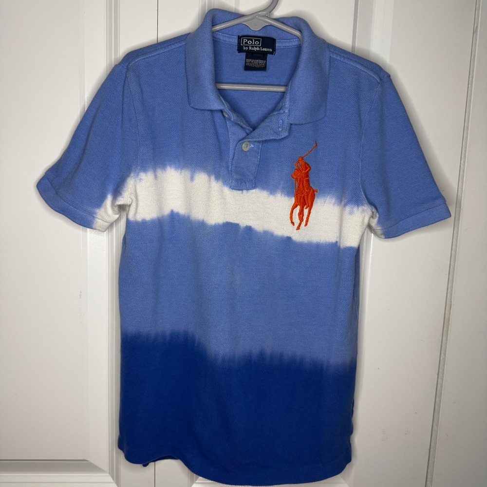 Polo Ralph Lauren Boys Size 7 Blue Tie Dye Polo Hombre Big Pony Orange Cotton